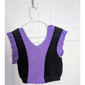 Womens V-Neck Cropped Sweater Black Purple Flutter Sleeve Y2K Knit